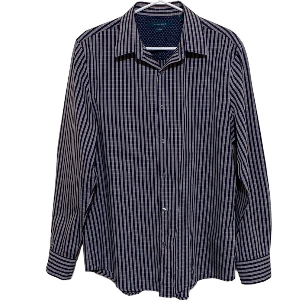 Perry Ellis Men’s Blue/White/Red Checkered Slim Fit Long Sleeve Shirt Si…
